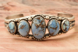 5 Genuine Golden Hill Turquoise Stones Sterling Silver Navajo Bracelet